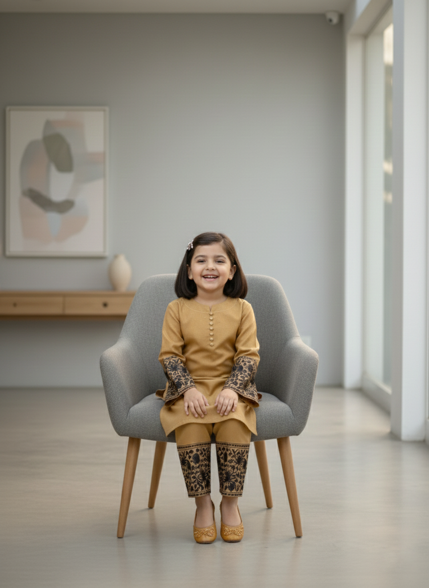 Kids Light Mustard with Embroidered Co-Ord Set | 2 Piece Stitched M 02 C