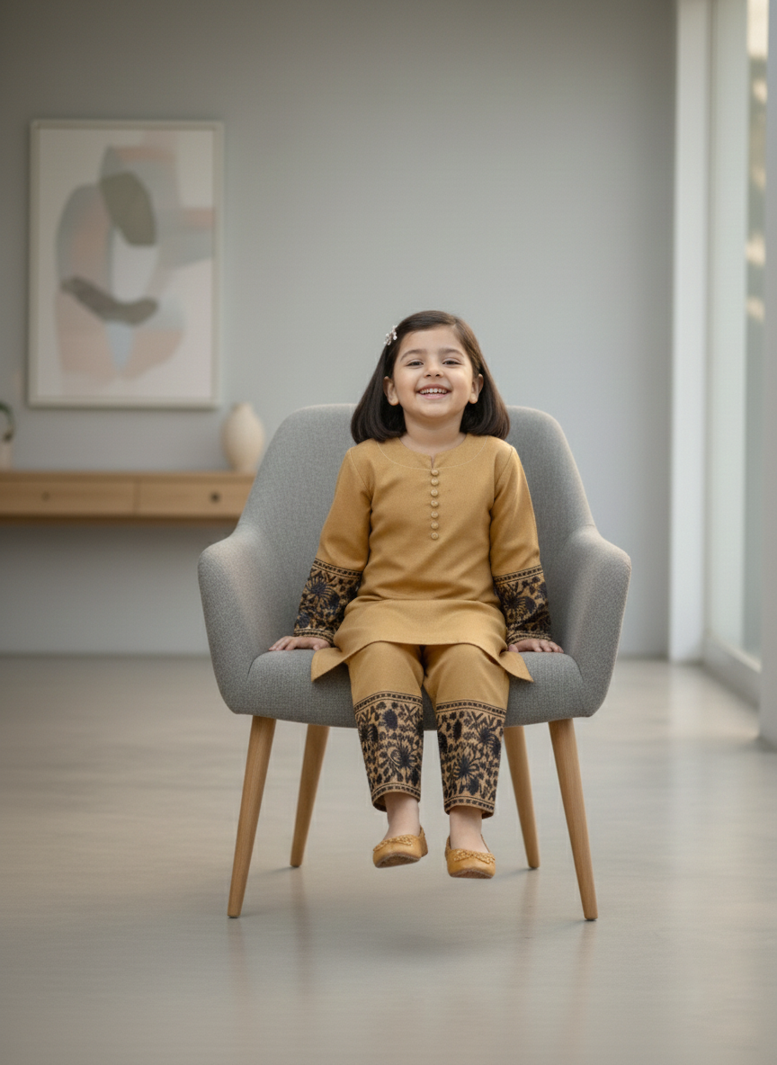 Kids Light Mustard with Embroidered Co-Ord Set | 2 Piece Stitched M 02 C