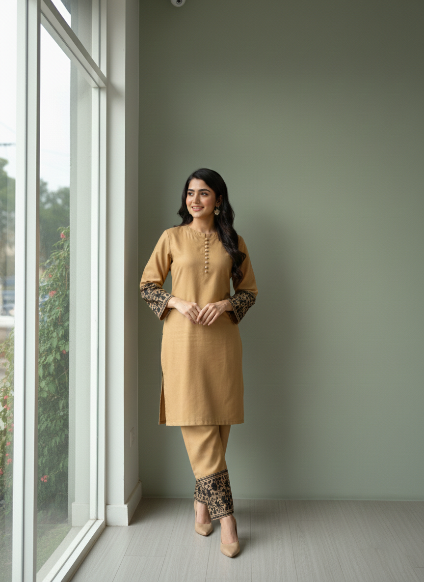 Light Mustard Embroidered Co-Ord Set for Women | 2 Piece Stitched M 02 C