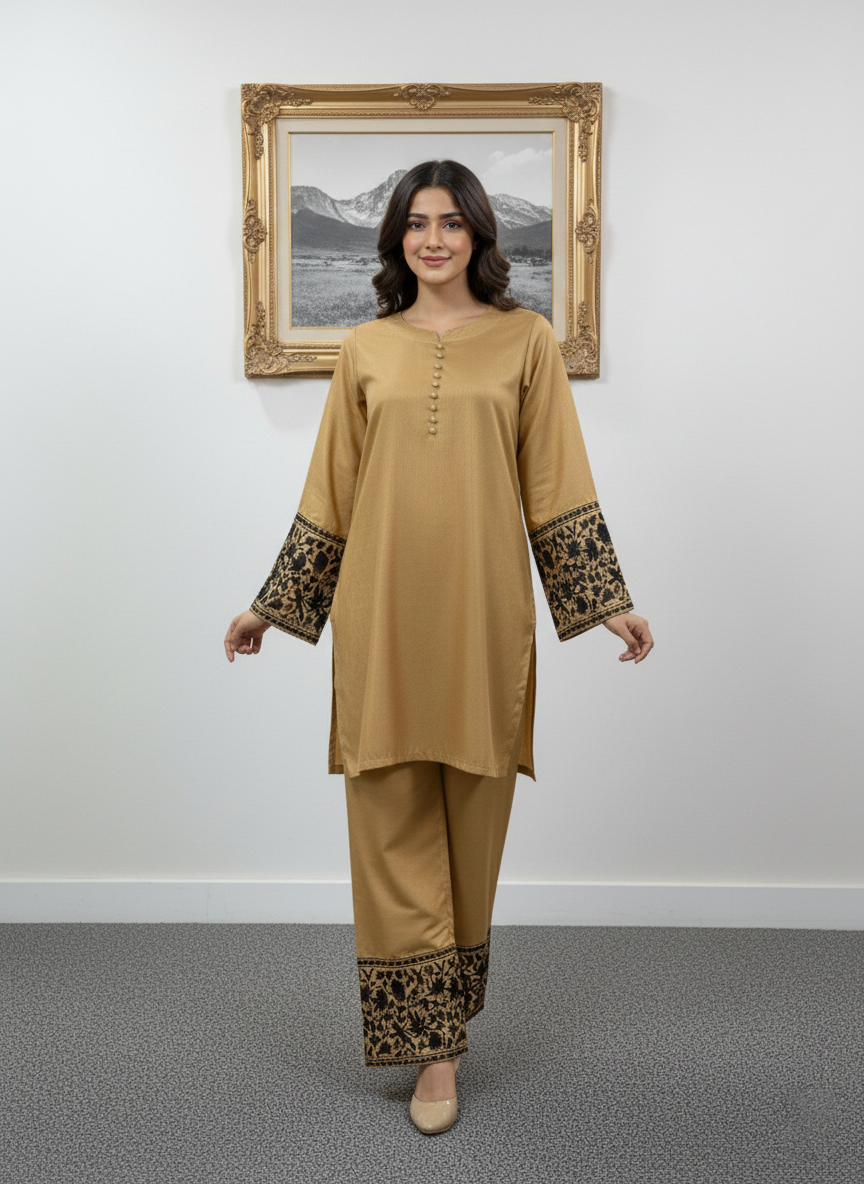 Light Mustard Embroidered Co-Ord Set for Women | 2 Piece Stitched M 02 C