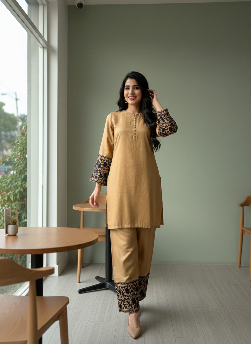 Light Mustard Embroidered Co-Ord Set for Women | 2 Piece Stitched M 02 C