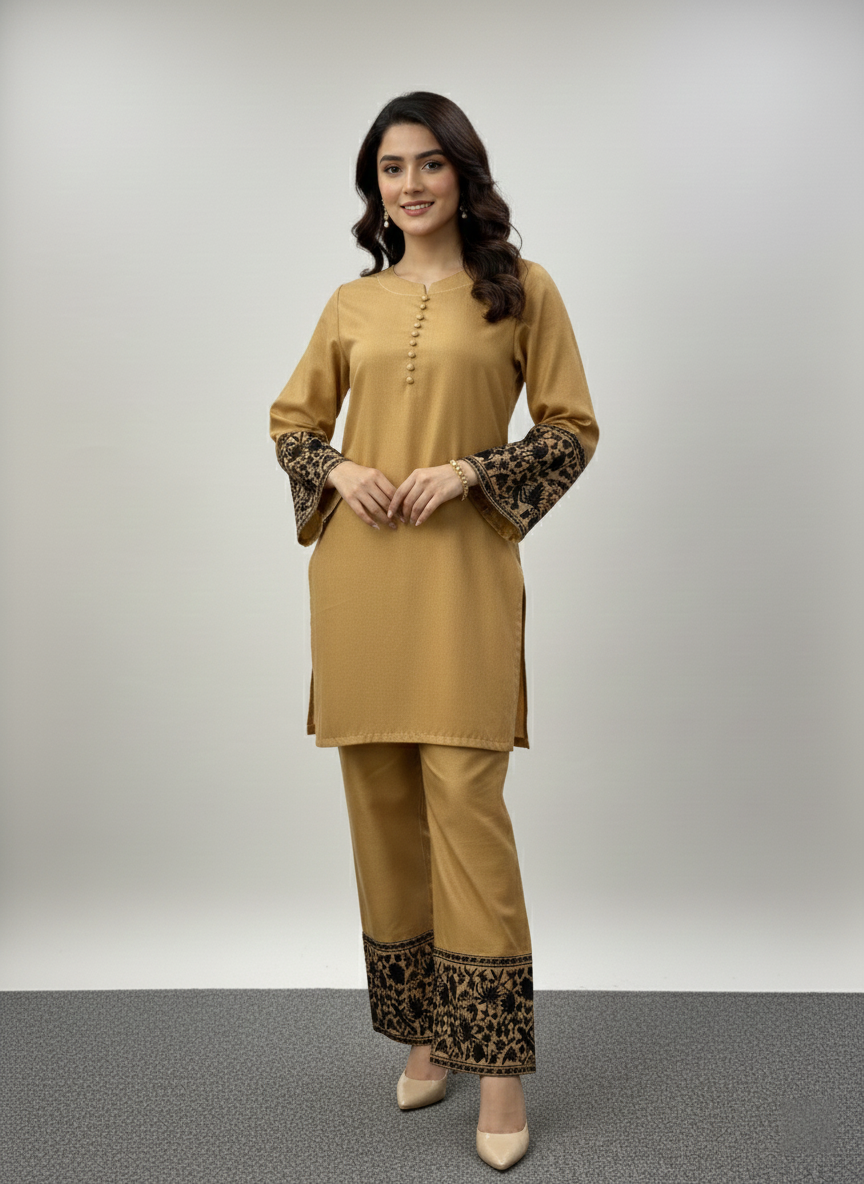 Light Mustard Embroidered Co-Ord Set for Women | 2 Piece Stitched M 02 C