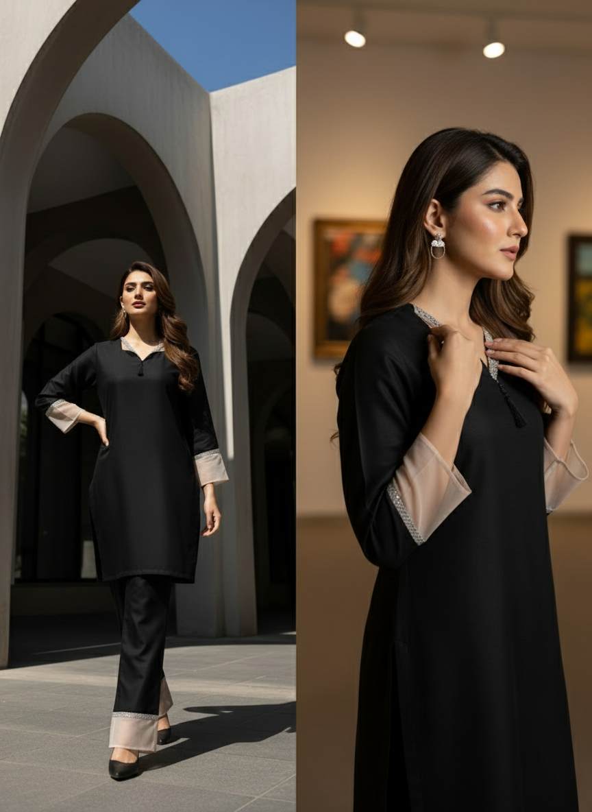 Elegant Black Dyed Suit with Lace & Tassel Detail - Women Stylish M 03