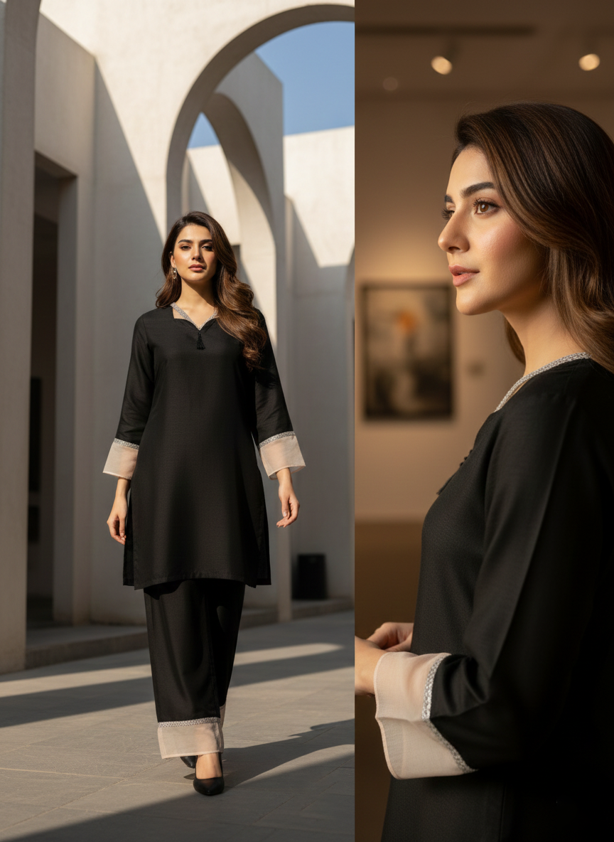 Elegant Black Dyed Suit with Lace & Tassel Detail - Women Stylish M 03