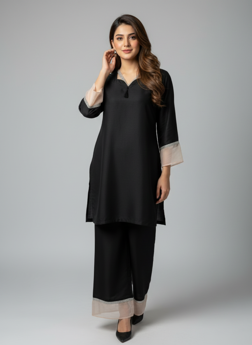 Elegant Black Dyed Suit with Lace & Tassel Detail - Women Stylish M 03