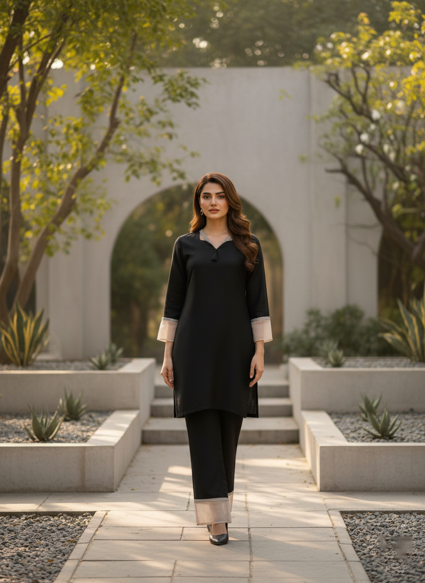 Elegant Black Dyed Suit with Lace & Tassel Detail - Women Stylish M 03