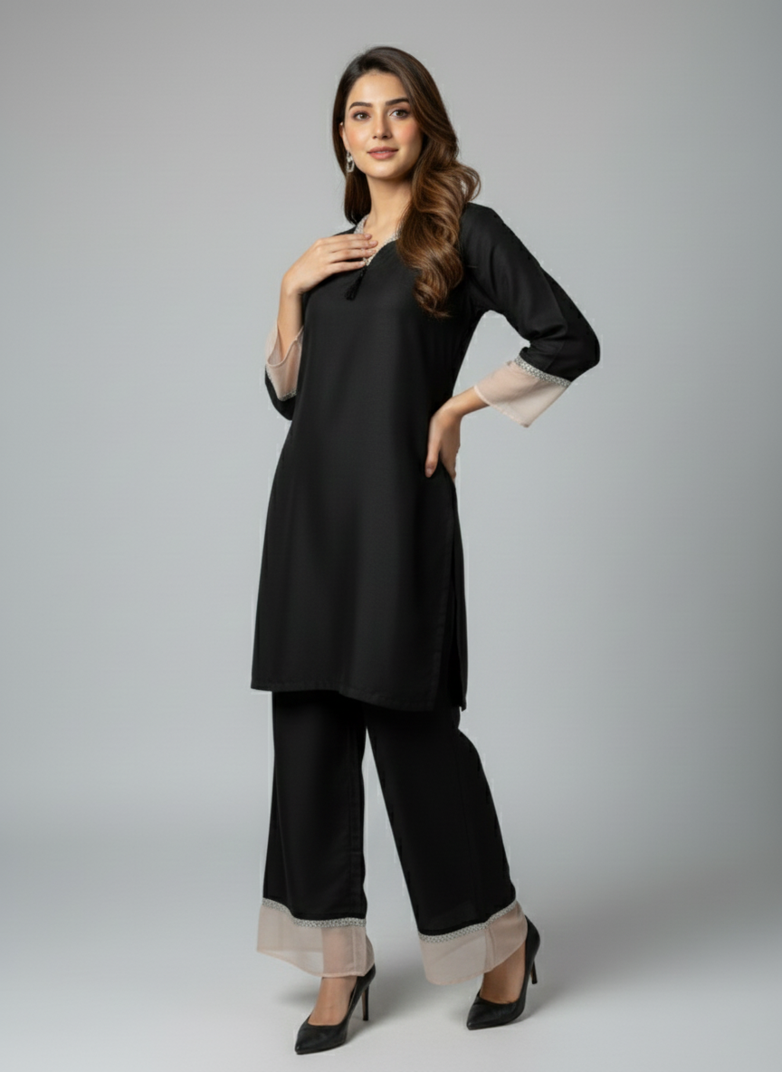 Elegant Black Dyed Suit with Lace & Tassel Detail - Women Stylish M 03