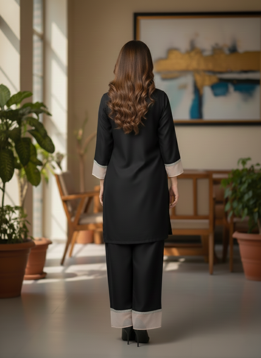 Elegant Black Dyed Suit with Lace & Tassel Detail - Women Stylish M 03