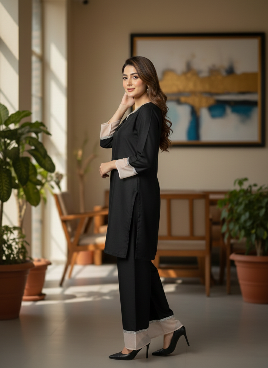Elegant Black Dyed Suit with Lace & Tassel Detail - Women Stylish M 03