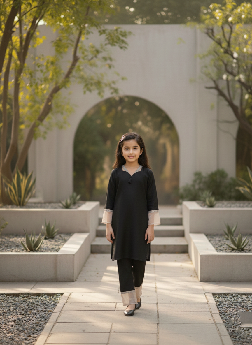 Kids Elegant Black Dyed Suit with Lace & Tassel Detail  M 03