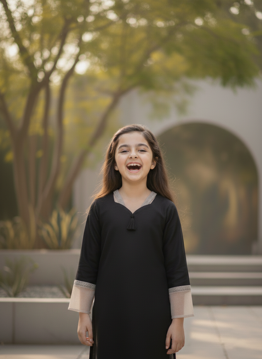 Kids Elegant Black Dyed Suit with Lace & Tassel Detail  M 03