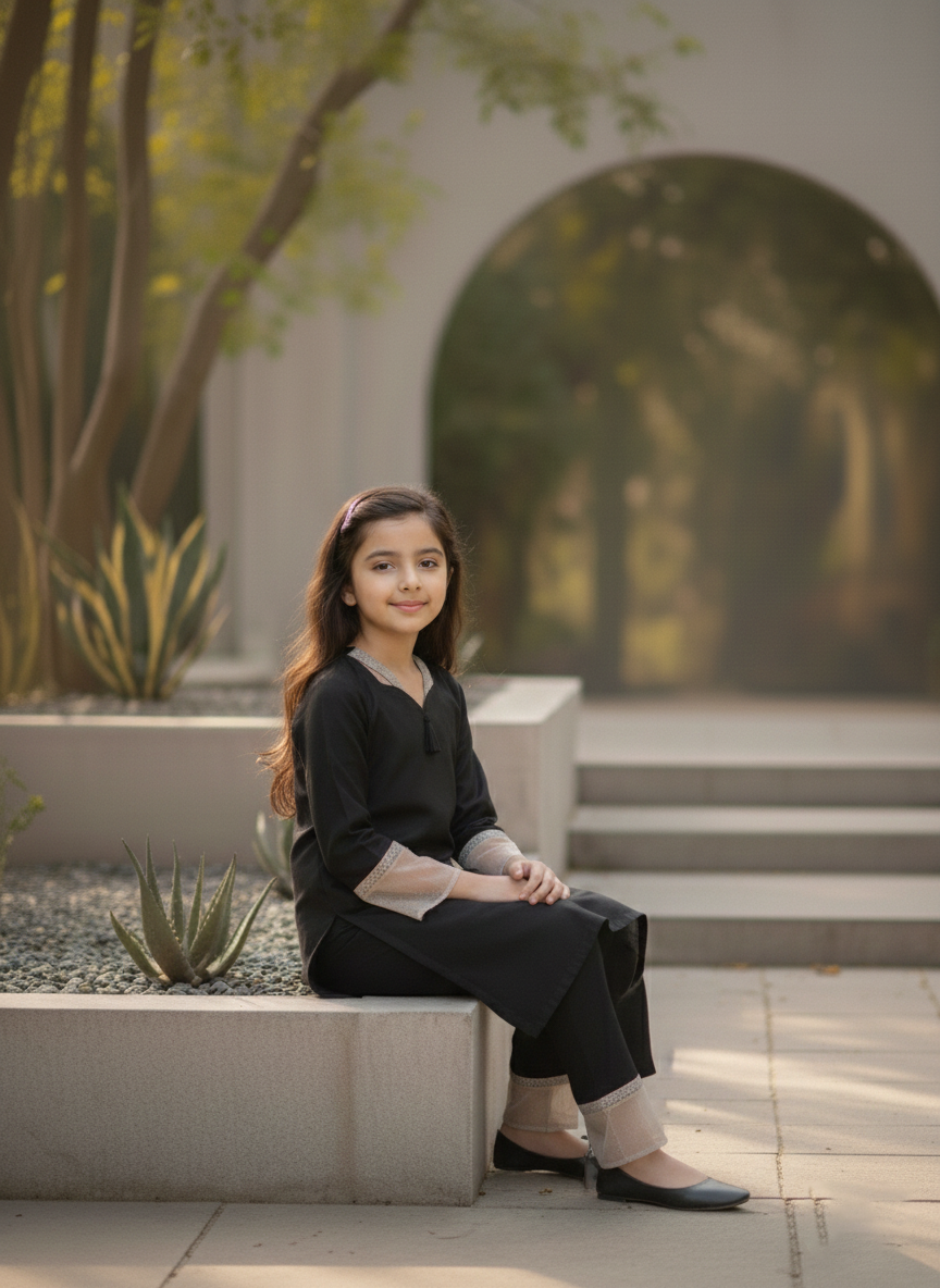 Kids Elegant Black Dyed Suit with Lace & Tassel Detail  M 03