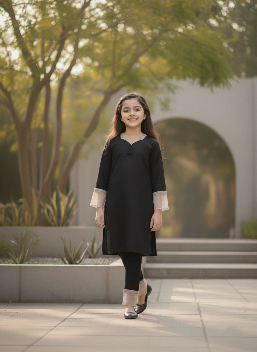 Kids Elegant Black Dyed Suit with Lace & Tassel Detail  M 03