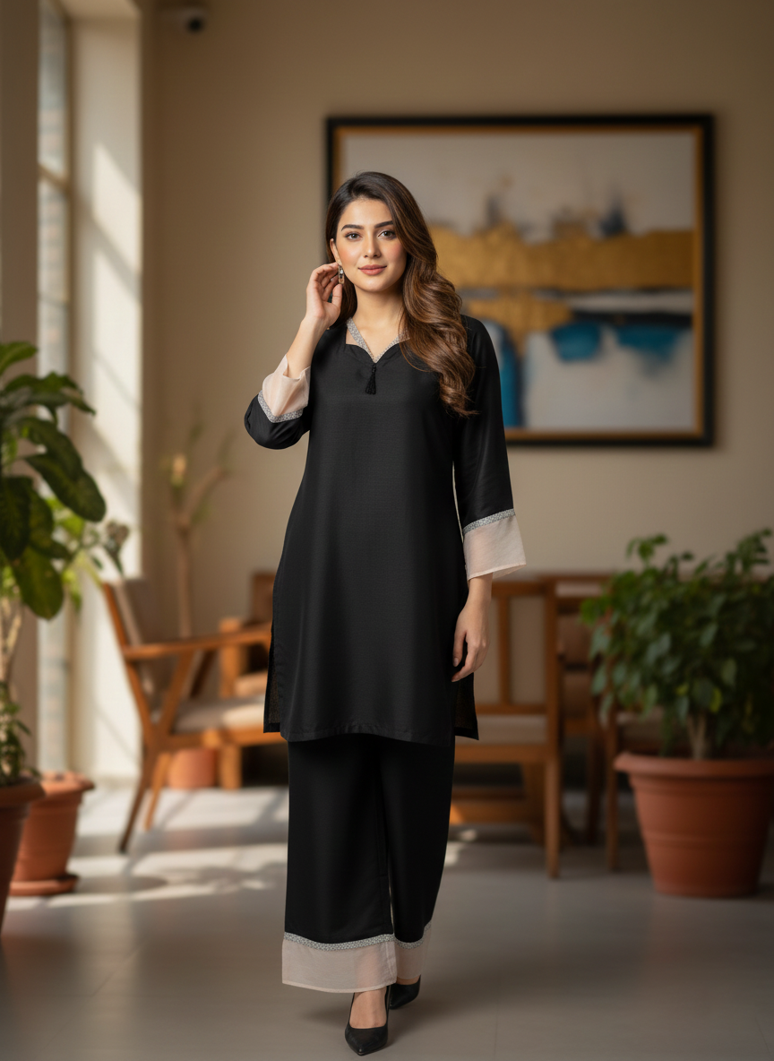 Elegant Black Dyed Suit with Lace & Tassel Detail - Women Stylish M 03