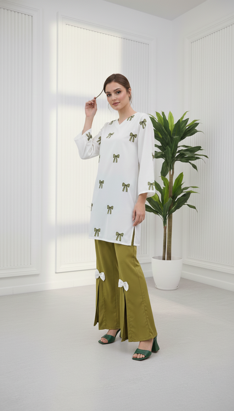 Olive Green Embroidered Shirt with Stylish Bow Detail Bottom | Women Wear M 04 A