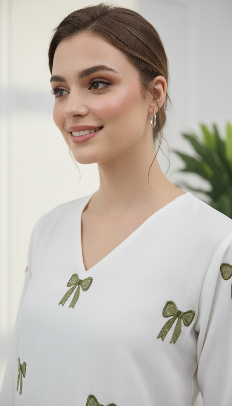 Olive Green Embroidered Shirt with Stylish Bow Detail Bottom | Women Wear M 04 A