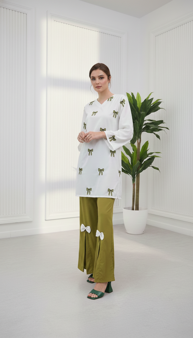 Olive Green Embroidered Shirt with Stylish Bow Detail Bottom | Women Wear M 04 A