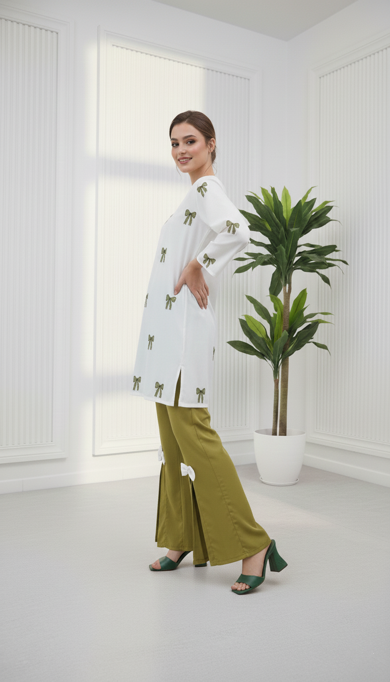 Olive Green Embroidered Shirt with Stylish Bow Detail Bottom | Women Wear M 04 A