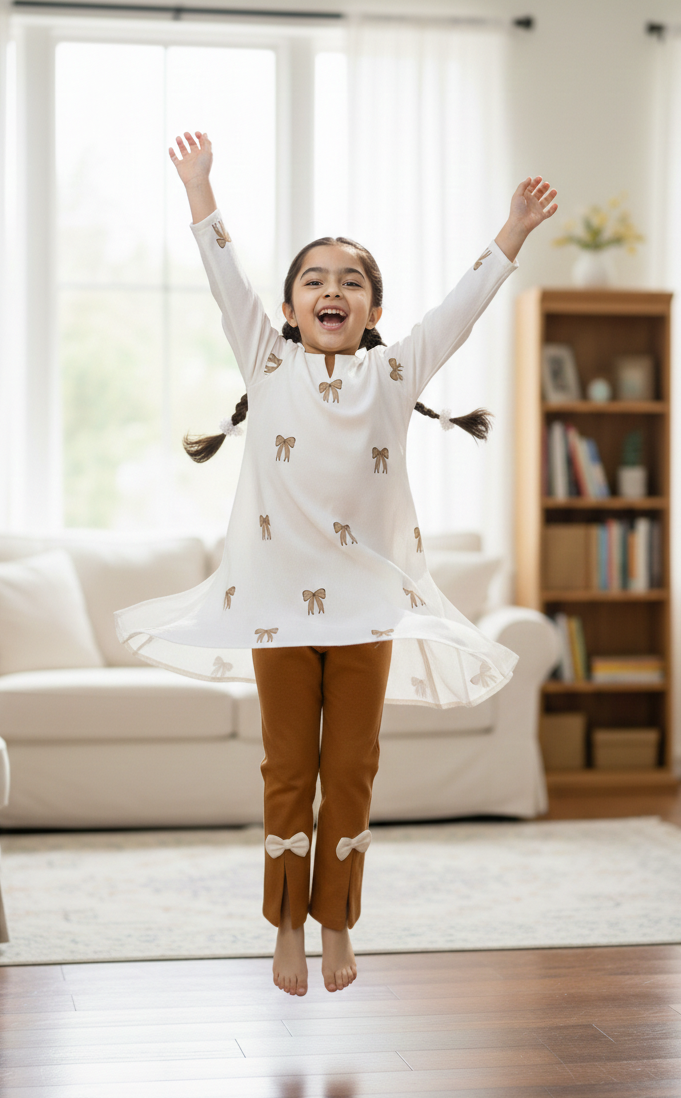 Kids Mustard Embroidered Shirt with Stylish Bow Detail Bottom | M 04 B