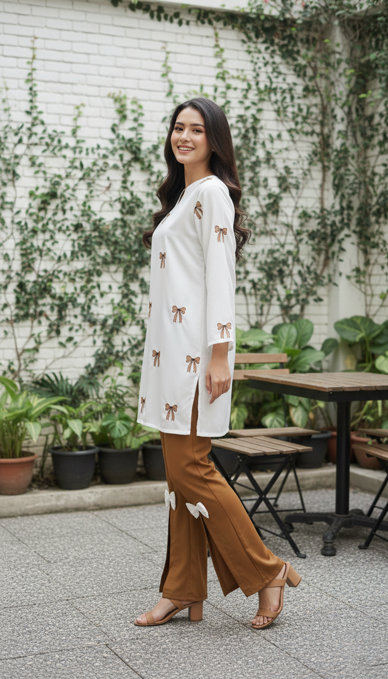 Mustard Embroidered Shirt with Stylish Bow Detail Bottom | Women Wear M 04 B