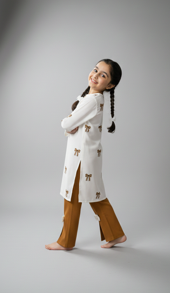 Kids Mustard Embroidered Shirt with Stylish Bow Detail Bottom | M 04 B