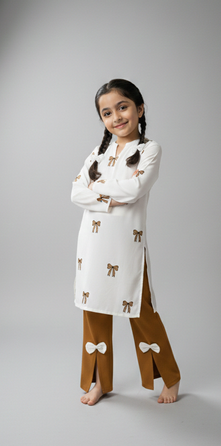 Kids Mustard Embroidered Shirt with Stylish Bow Detail Bottom | M 04 B