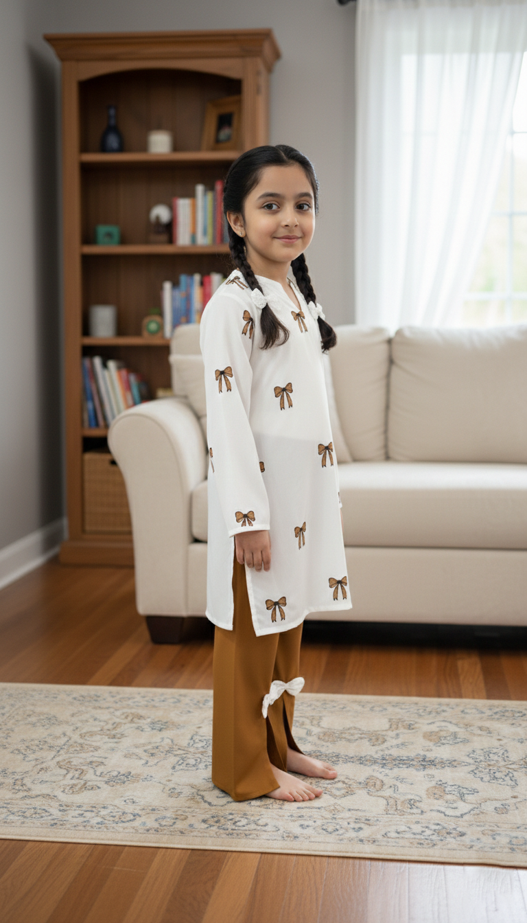 Kids Mustard Embroidered Shirt with Stylish Bow Detail Bottom | M 04 B