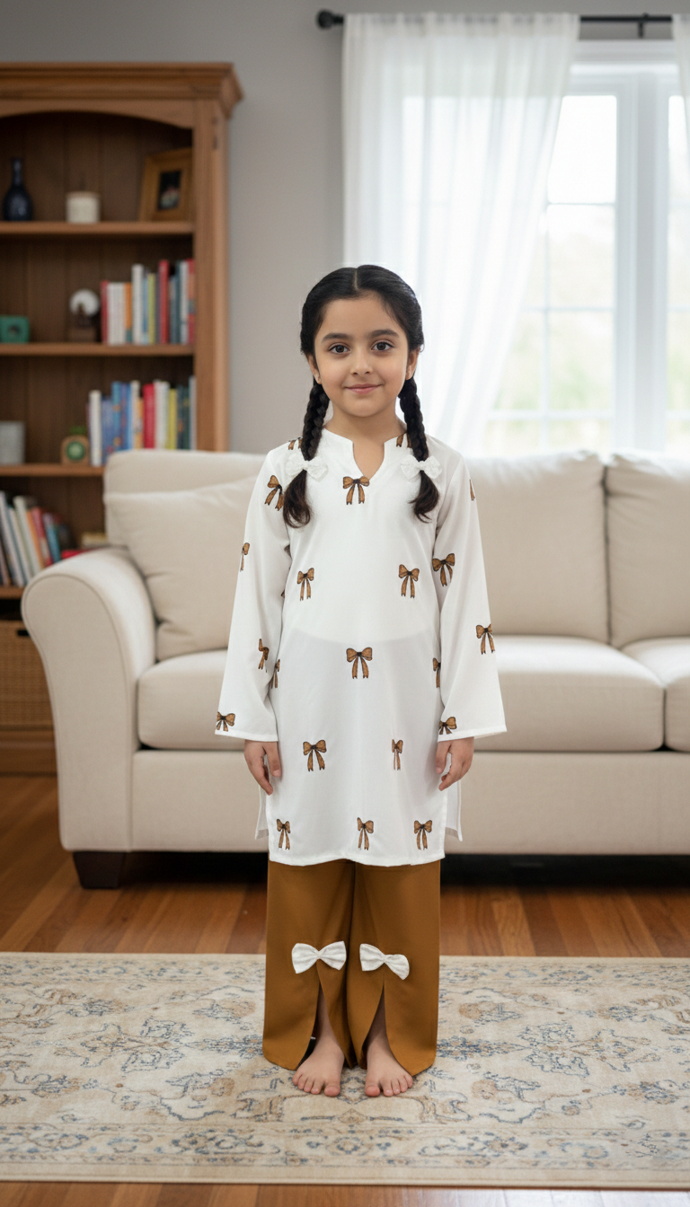 Kids Mustard Embroidered Shirt with Stylish Bow Detail Bottom | M 04 B