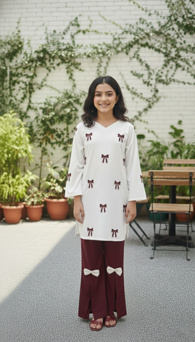 Kids Maroon Embroidered Shirt with Stylish Bow Detail Bottom | M 04 C