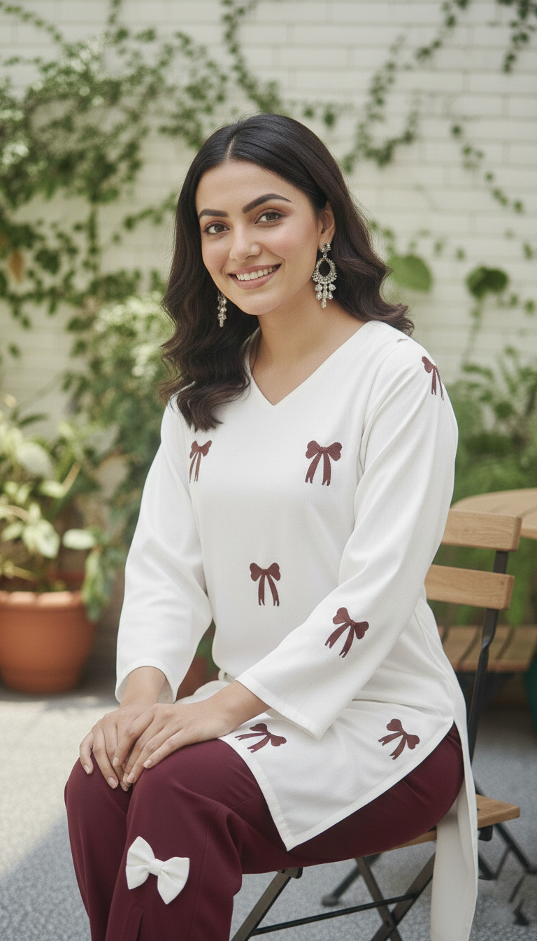 Maroon Embroidered Shirt with Stylish Bow Detail Bottom | Women Wear M 04 C