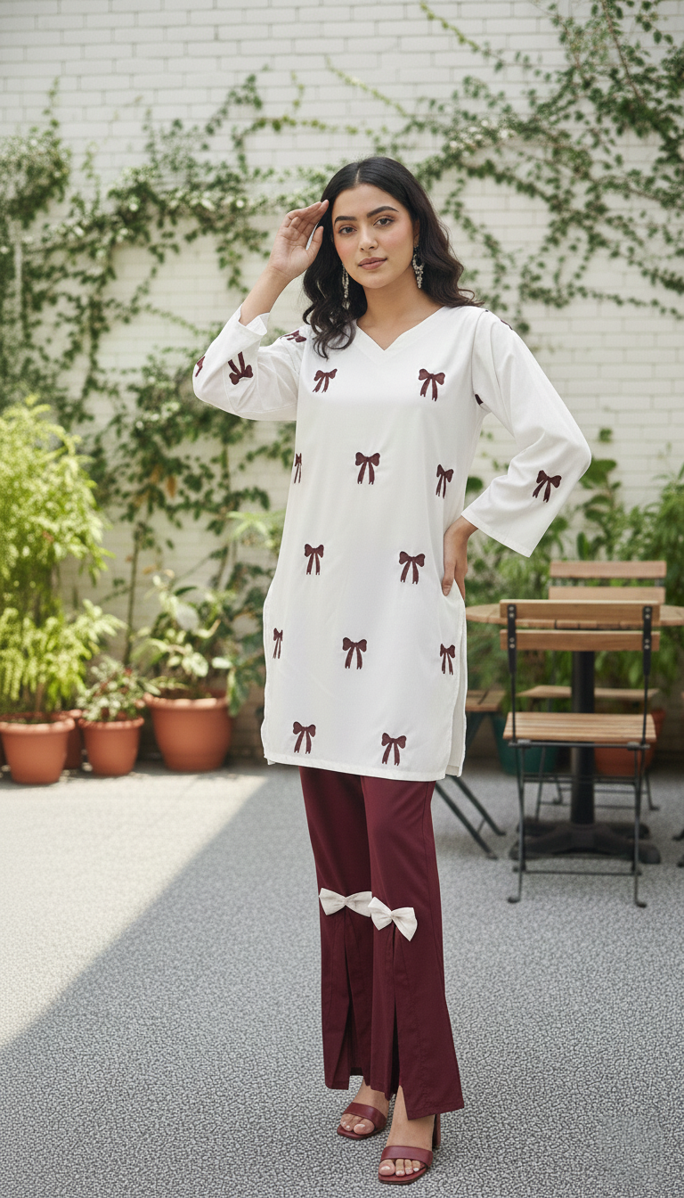 Maroon Embroidered Shirt with Stylish Bow Detail Bottom | Women Wear M 04 C
