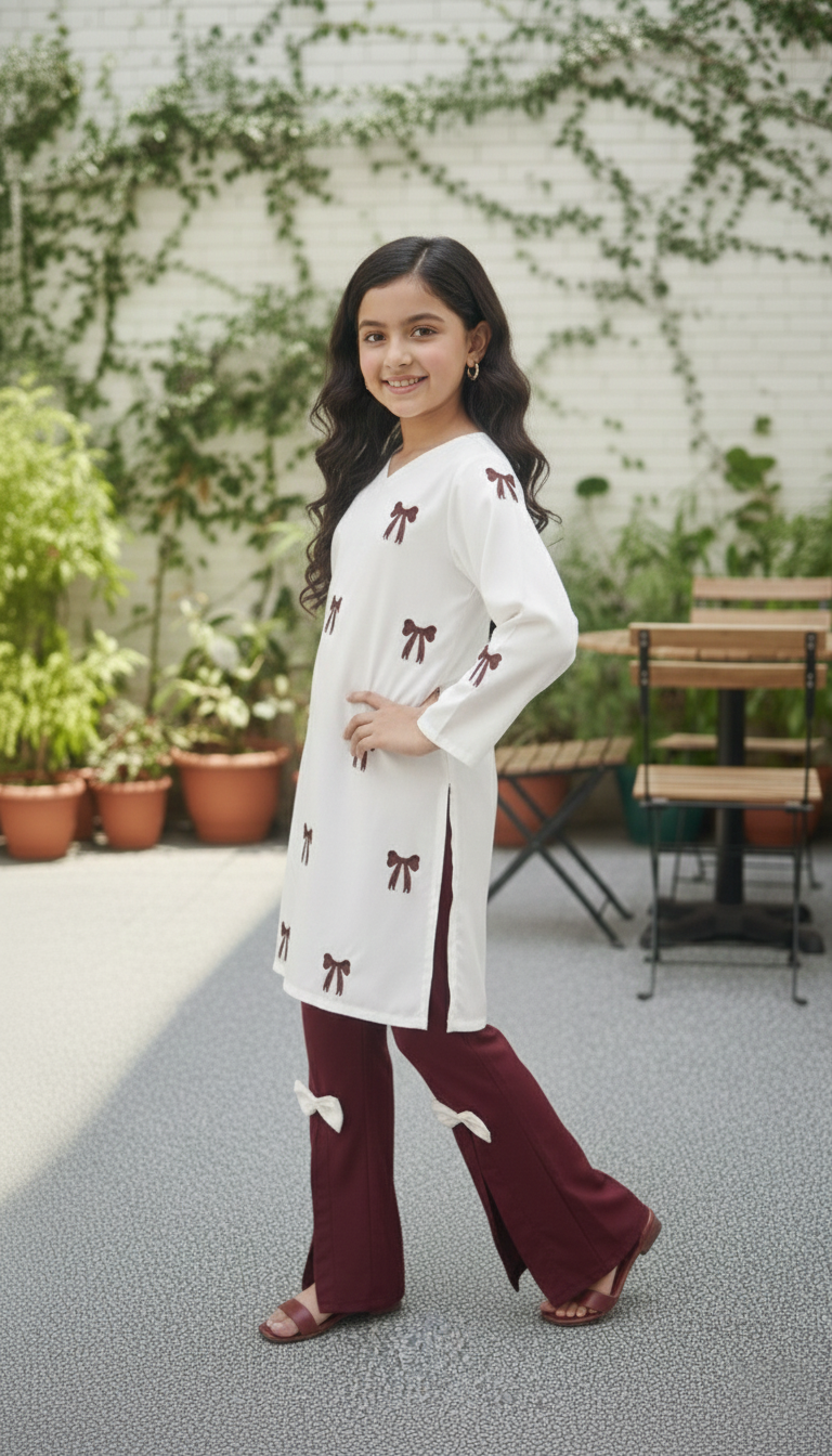 Kids Maroon Embroidered Shirt with Stylish Bow Detail Bottom | M 04 C