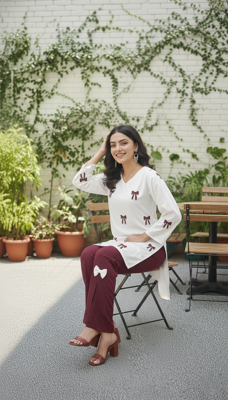 Maroon Embroidered Shirt with Stylish Bow Detail Bottom | Women Wear M 04 C
