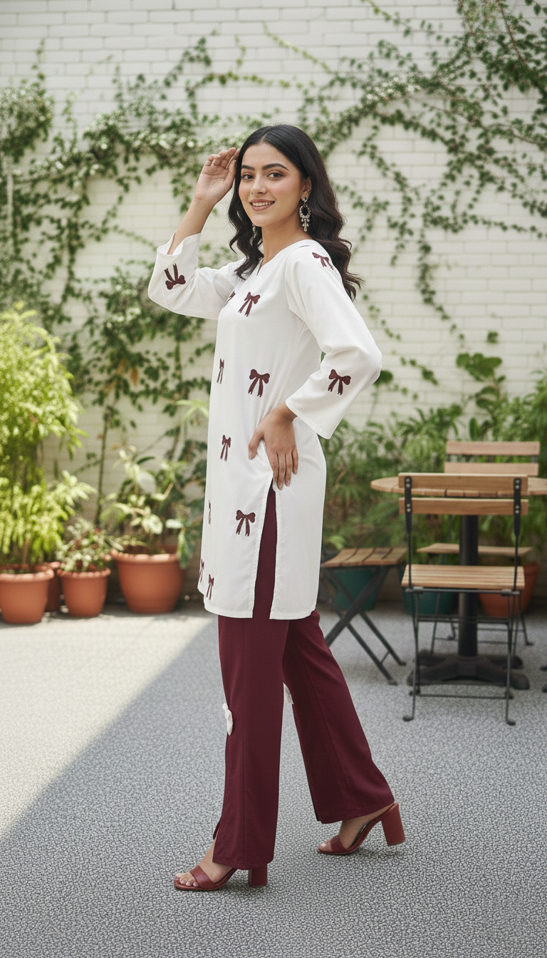 Maroon Embroidered Shirt with Stylish Bow Detail Bottom | Women Wear M 04 C