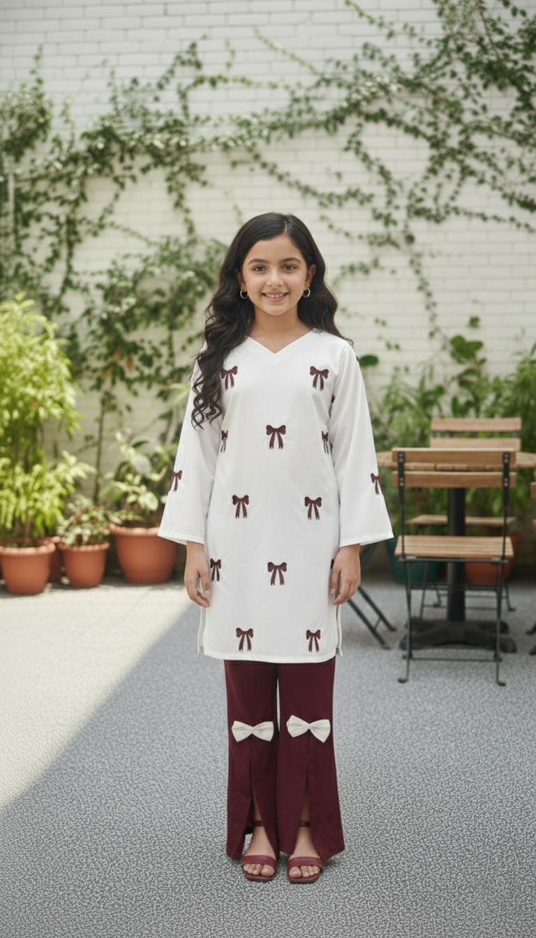 Kids Maroon Embroidered Shirt with Stylish Bow Detail Bottom | M 04 C