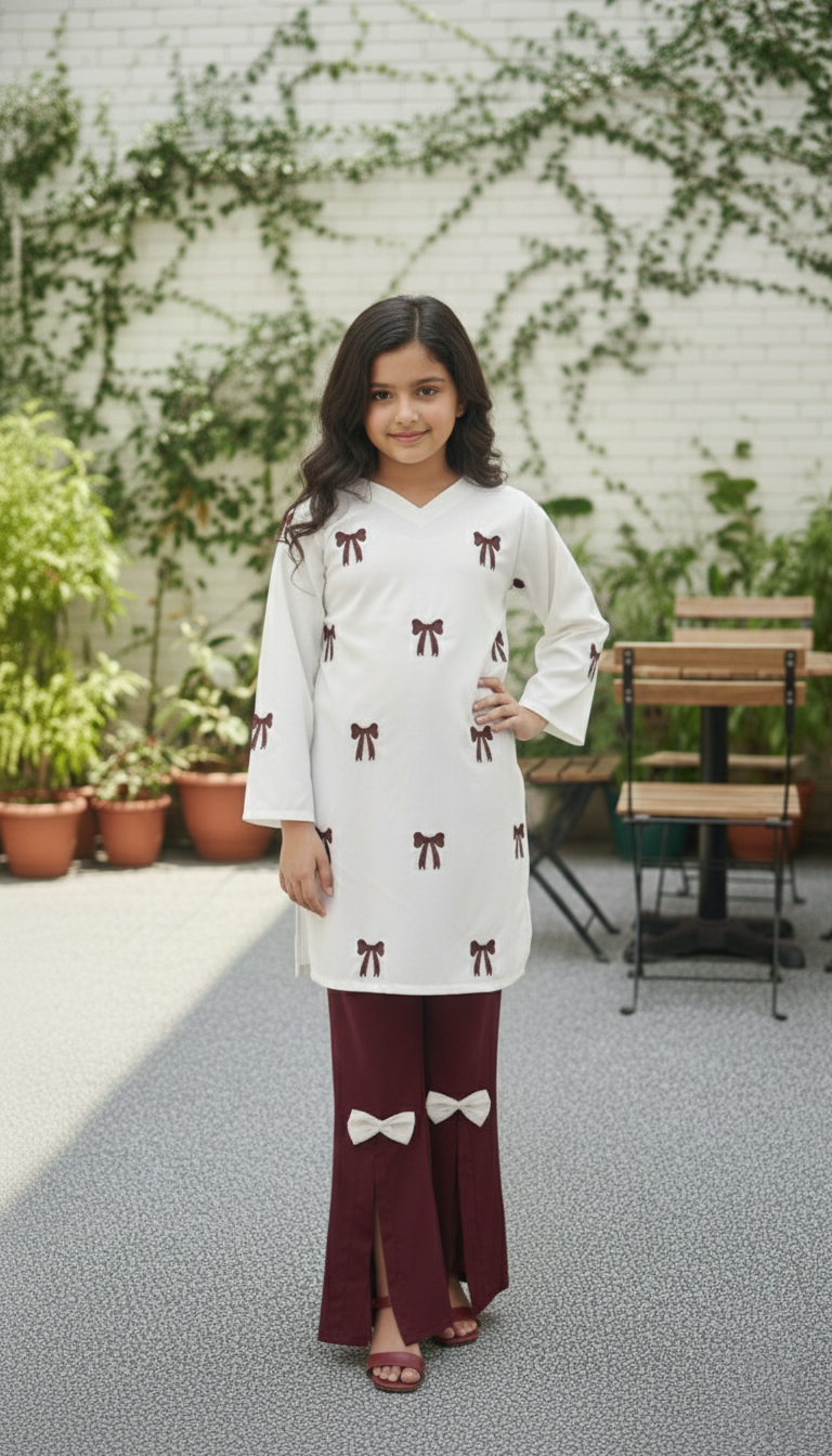 Kids Maroon Embroidered Shirt with Stylish Bow Detail Bottom | M 04 C