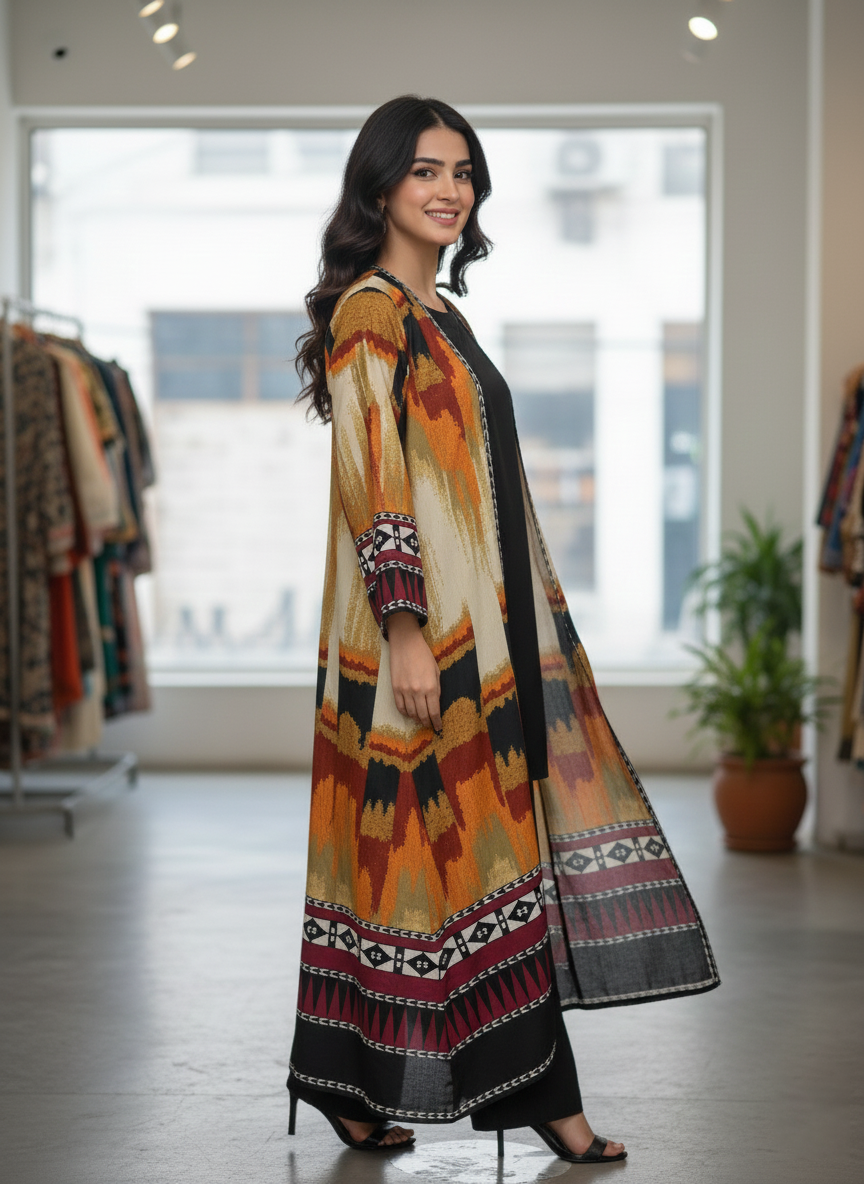 Printed Long Shrug with Inner – Simple Women Wear M 05