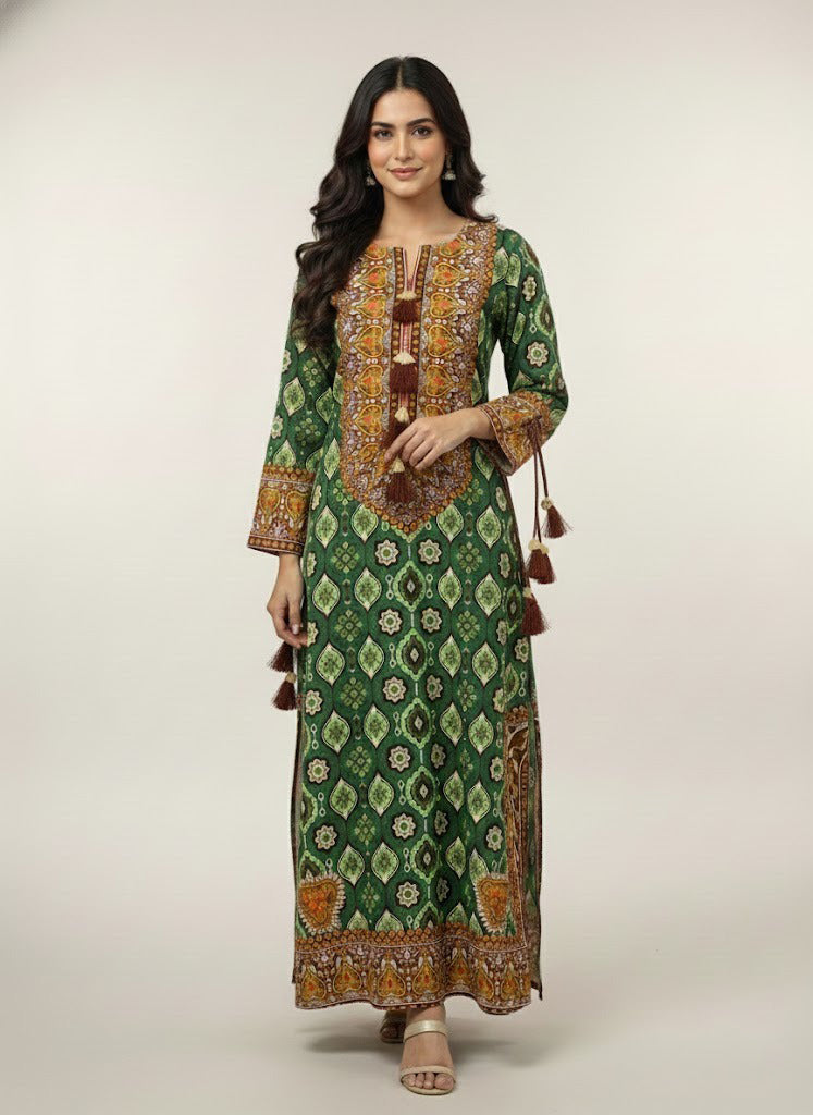 Women’s Green Printed Long Dress – Elegant Style Outfit M 08