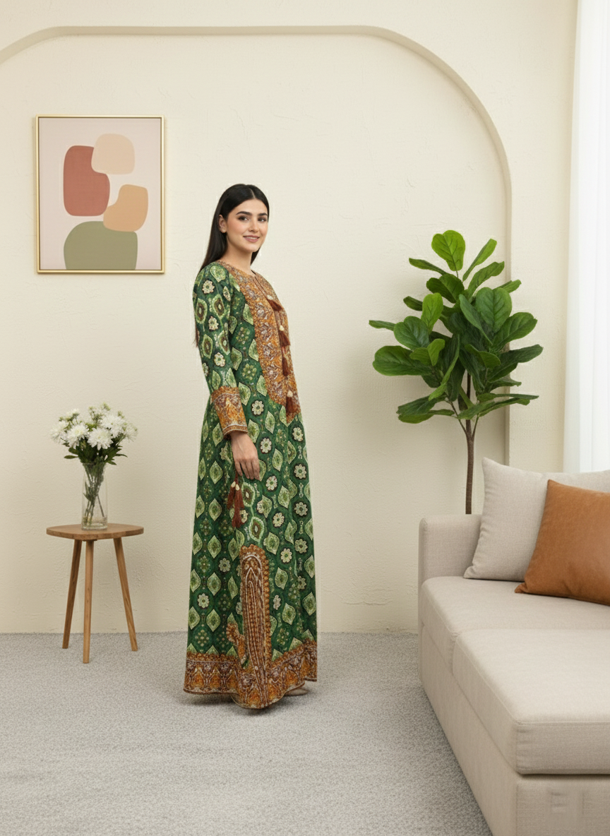 Women’s Green Printed Long Dress – Elegant Style Outfit M 08