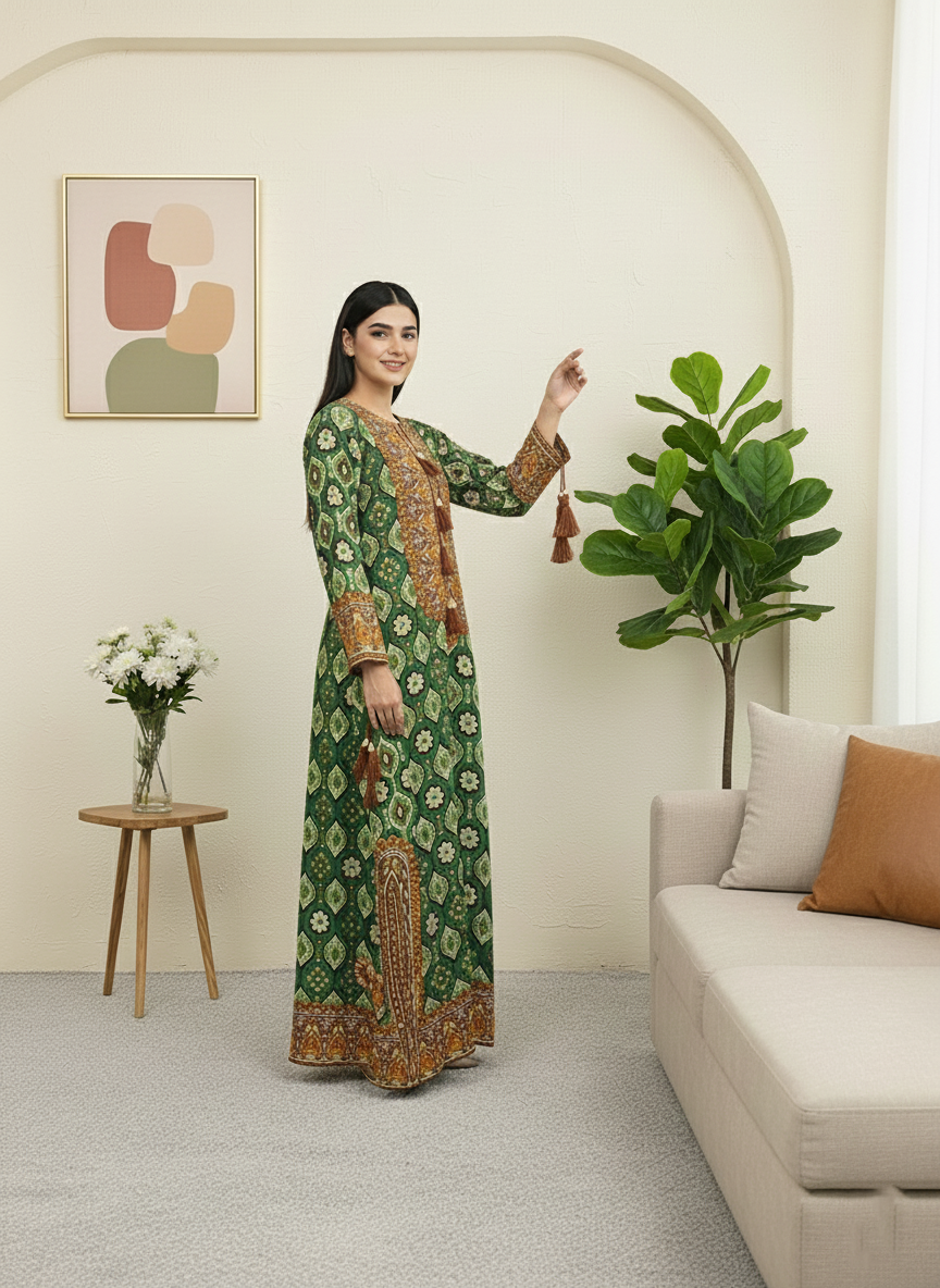 Women’s Green Printed Long Dress – Elegant Style Outfit M 08