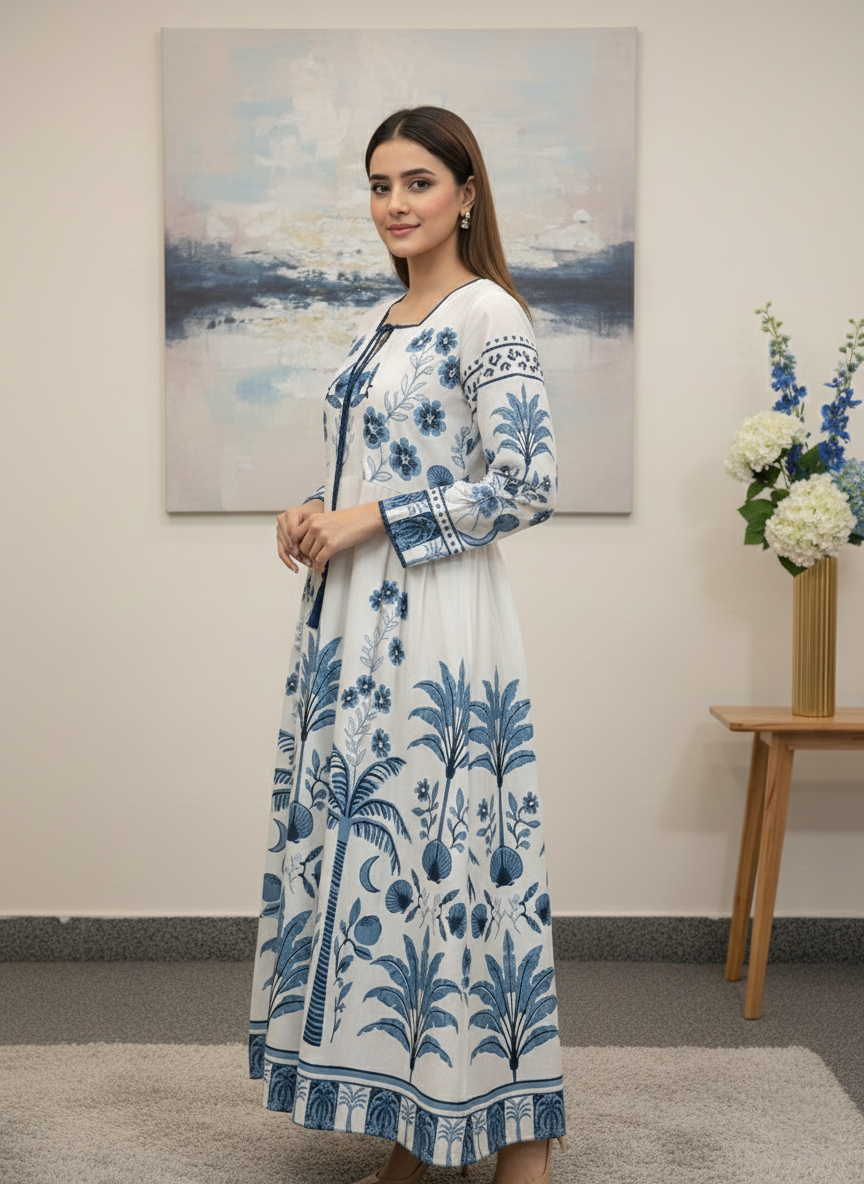Women’s White Blue Printed Long Maxi – Stylish Maxi for Daily Wear M 09