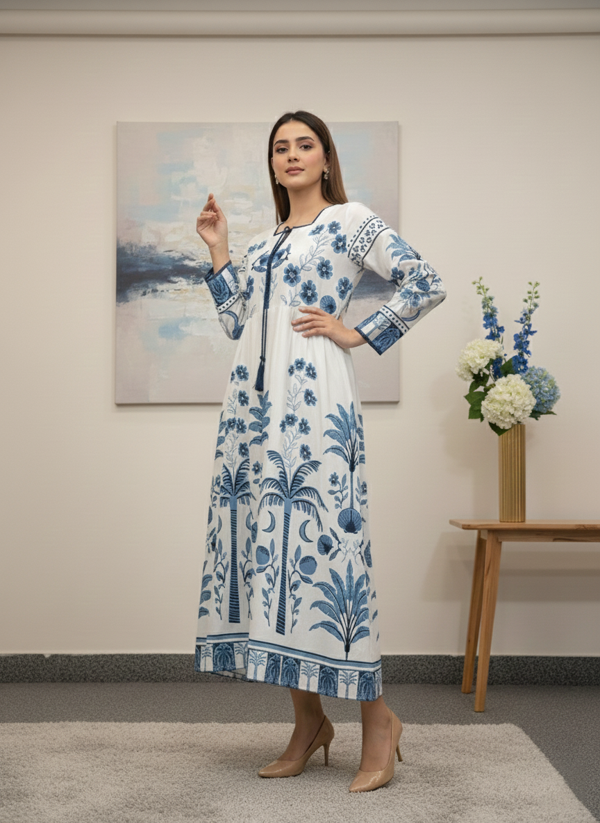 Women’s White Blue Printed Long Maxi – Stylish Maxi for Daily Wear M 09