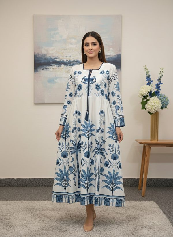 Women’s White Blue Printed Long Maxi – Stylish Maxi for Daily Wear M 09