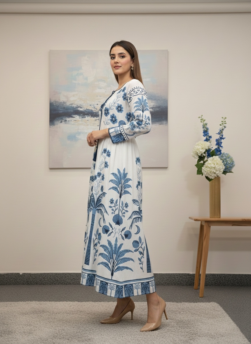 Women’s White Blue Printed Long Maxi – Stylish Maxi for Daily Wear M 09