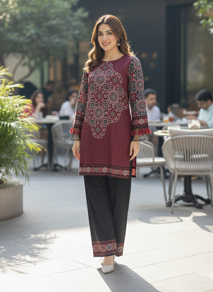 Red Printed Sindhi Shrug Suit for Women | Long Open Style Shirt with Inner & Trouser M 10 B