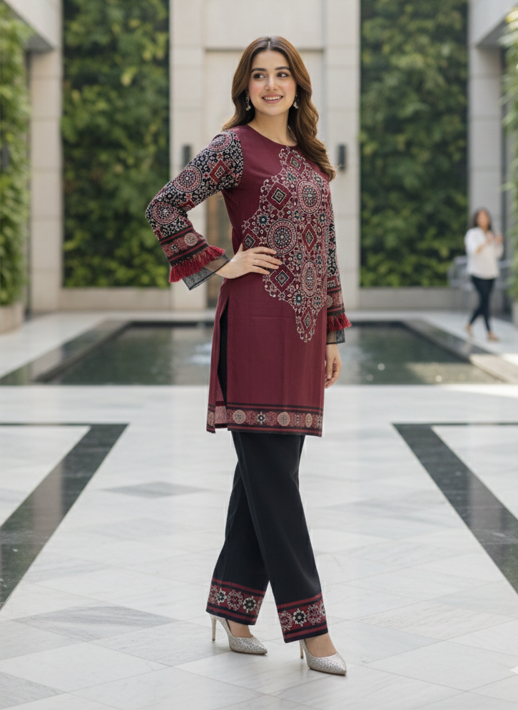 Red Printed Sindhi Shrug Suit for Women | Long Open Style Shirt with Inner & Trouser M 10 B