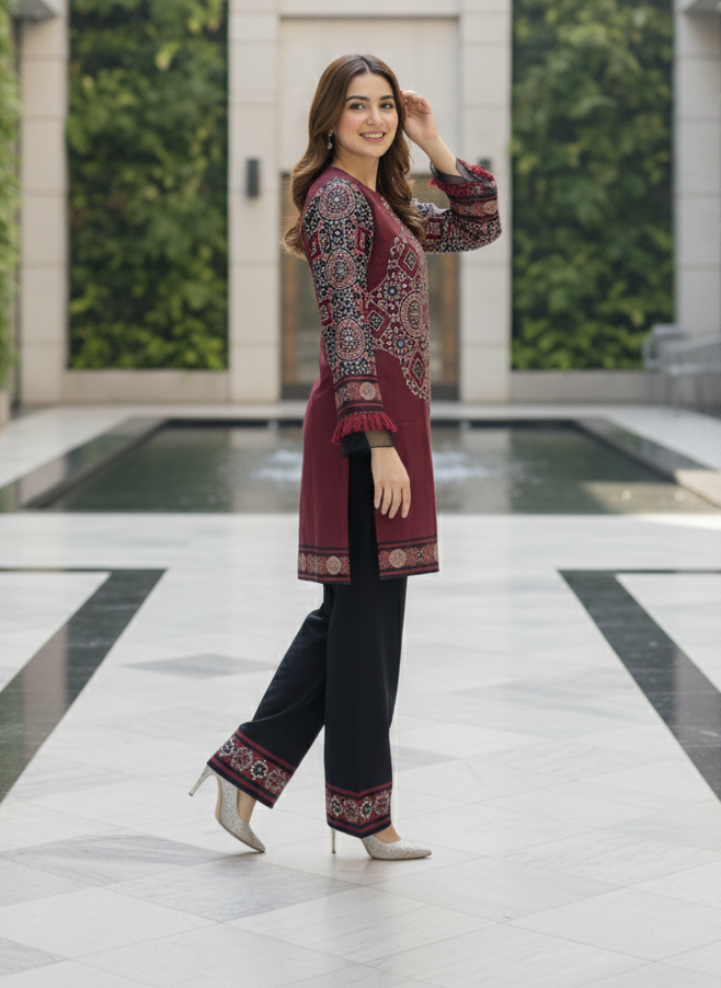 Red Printed Sindhi Shrug Suit for Women | Long Open Style Shirt with Inner & Trouser M 10 B