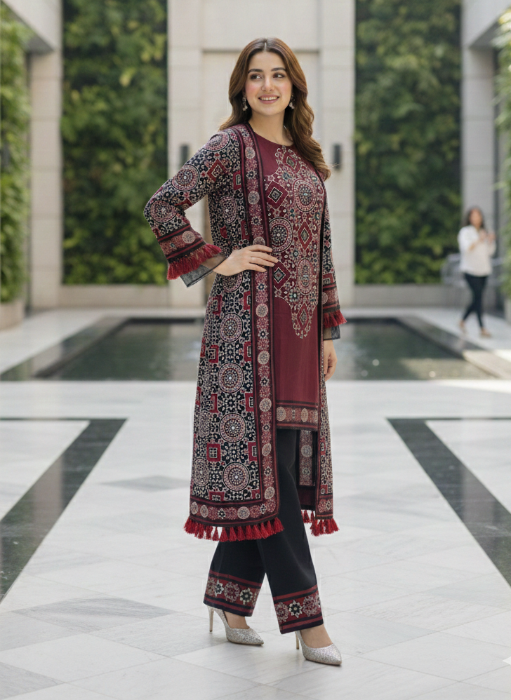Red Printed Sindhi Shrug Suit for Women | Long Open Style Shirt with Inner & Trouser M 10 B