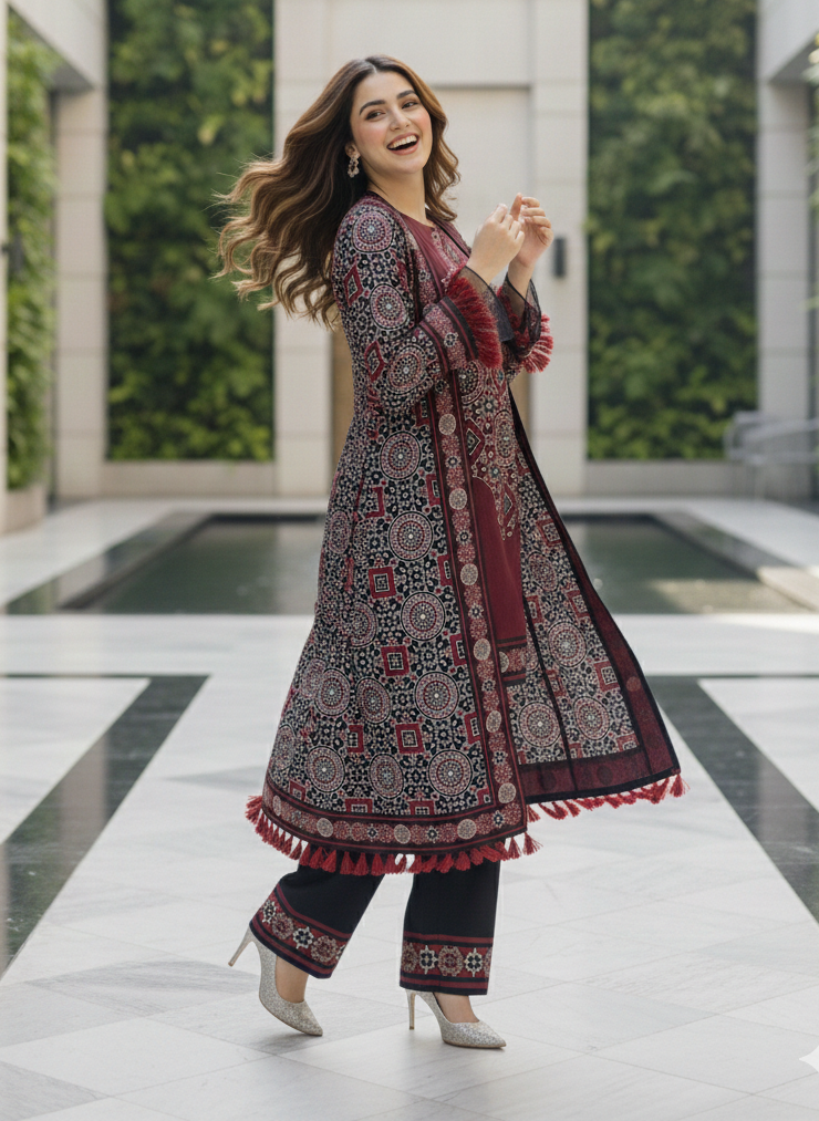 Red Printed Sindhi Shrug Suit for Women | Long Open Style Shirt with Inner & Trouser M 10 B