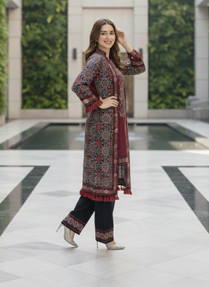 Red Printed Sindhi Shrug Suit for Women | Long Open Style Shirt with Inner & Trouser M 10 B
